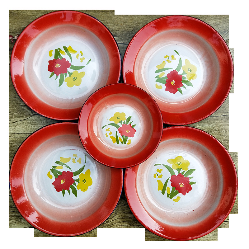 두꺼운 복고풍 에나멜 접시 철제 접시 찜용 접시 구식 식기 세트 향수를 불러일으키는 전골 접시 도매