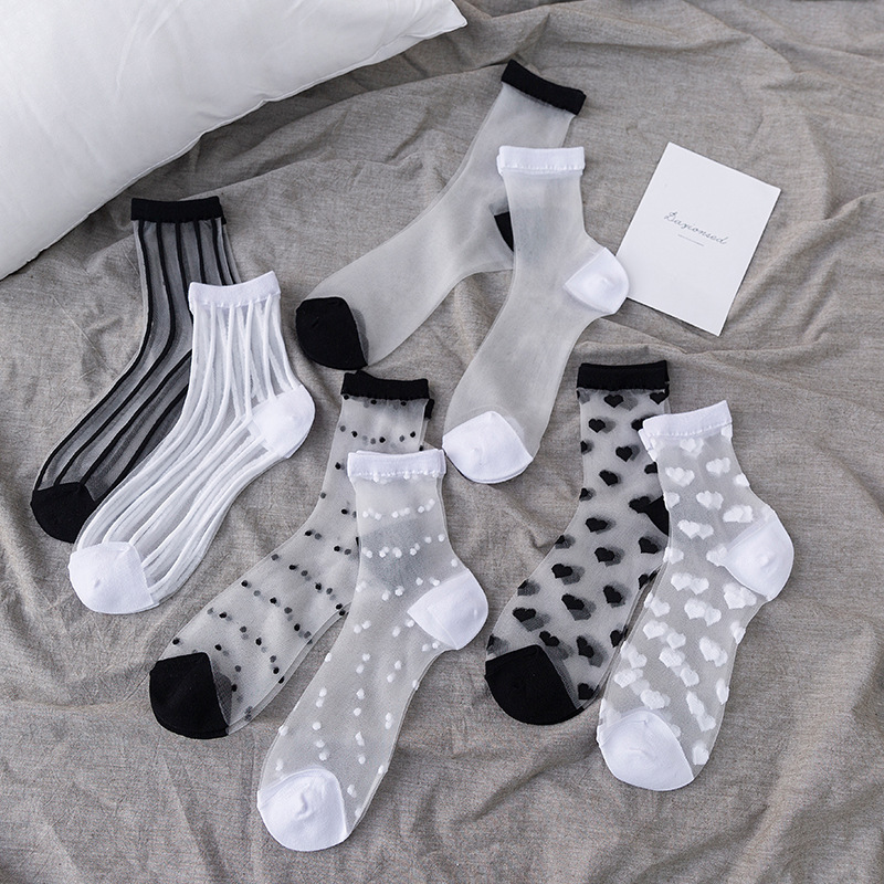 Transparent Glass Silk Stockings Women's Mid-Socks Vintage Polka Dot Love Vertical Strip Spring and Summer Thin Japanese Style Short Socks for Women