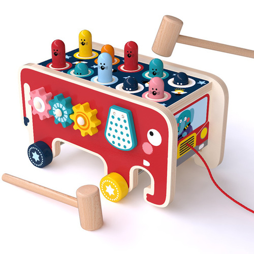 Wooden Cartoon Elephant Whack-A-Mole Infant and Young Children Early Education Percussion Pile Driving Platform Drag Walker Toy