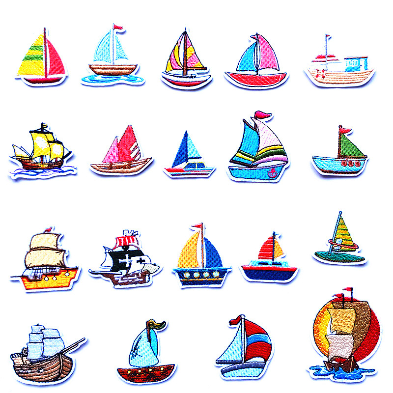 跨境布贴爆款卡通布贴可熨烫帆船补丁贴儿童衣服装饰贴刺绣补丁贴