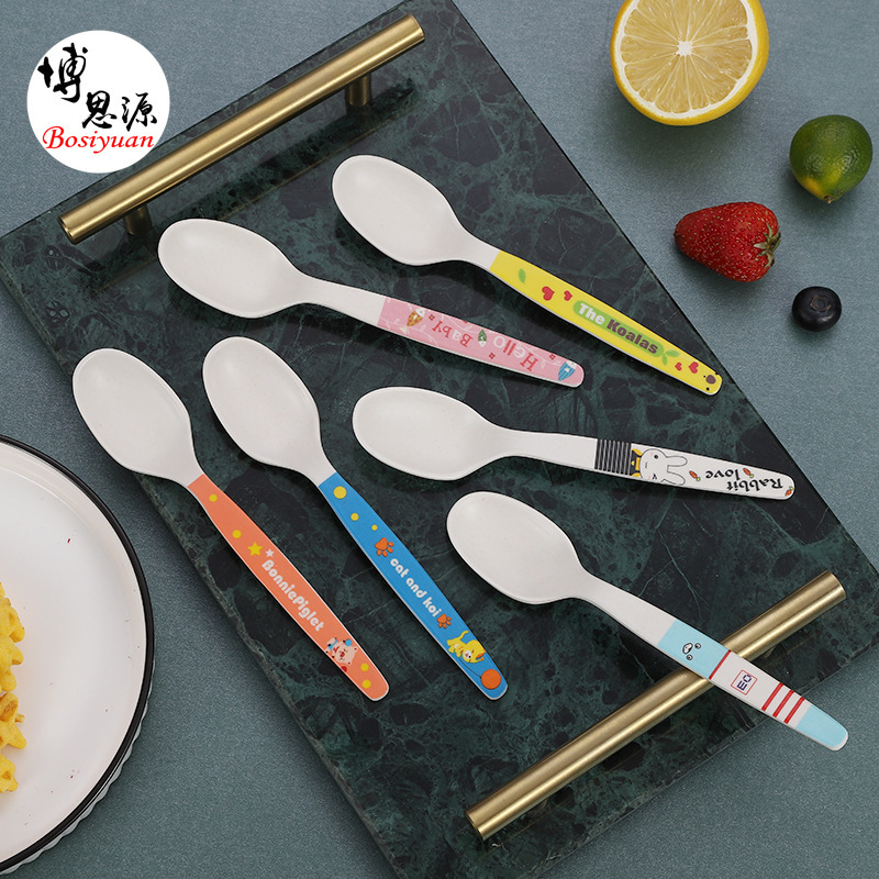 Cartoon Bamboo Fiber Kidsren's Household Baby Food Supplement Cute Style Small Spoon High-Looking Kidsren's Eating Spoon Dessert Spoon