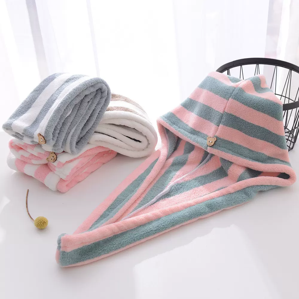 珊瑚绒干发帽柔软吸水条纹加厚浴帽包头厂家批发印logo礼品护发