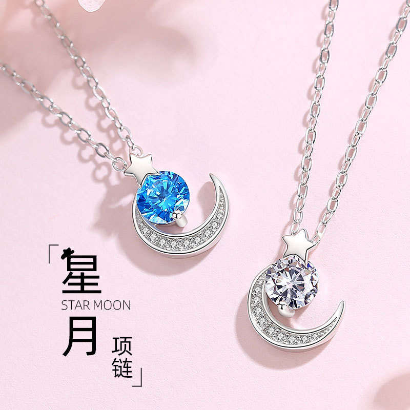 S925 plata esterlina estrella Luna collar de plata esterlina popular Red rojo elegante simple clavícula cadena ins viento frío para novia