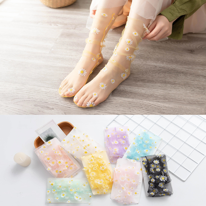 Primavera y verano japonés nueva pila calcetines Daisy transparente malla delgada transpirable crisantemo encaje hadas Calcetines