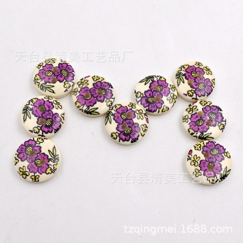 Botón de 15mm botón de madera Botón de impresión en color Botón de flor púrpura único 100 un paquete