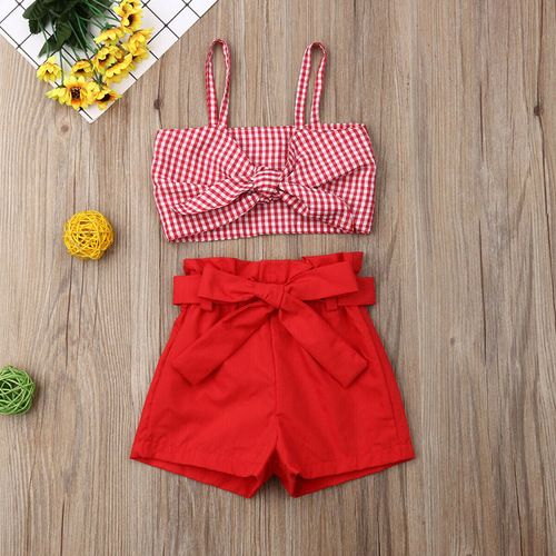 Summer European and American Girls' Red Clothes Grid Personalized Strap Top + Tied Bow Short Shorts Casual and Versatile