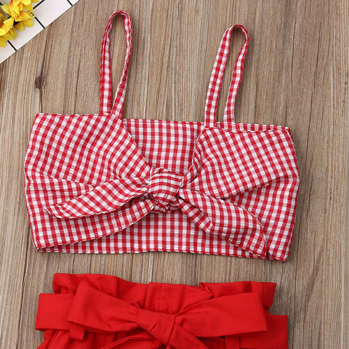 Summer European and American Girls' Red Clothes Grid Personalized Strap Top + Tied Bow Short Shorts Casual and Versatile