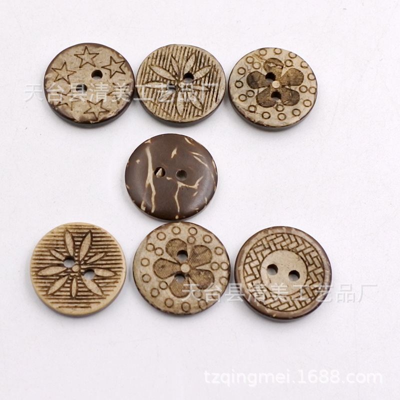 18mm mezclado Botón de coco tallado de dos ojos botón redondo 50 piezas de un paquete