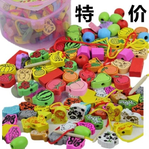 Children's boxed educational toys, wooden number blocks, animal beads and strings, string music, heart-shaped strings