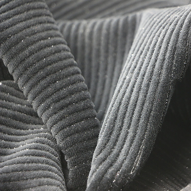 针织纬编运动夹克外套装面料CVC棉涤弹力金银丝氨纶抽条天鹅绒布