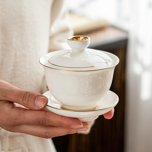 Suet-fat jade tea set high-end gift complete set Kung Fu teacup teapot lid bowl white porcelain complete set gift box customization