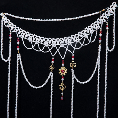 Hanfu waist chain women's ancient style long tassel pearl Tang style flat collar waist-length undershirt ancient accessories 39.9GF009