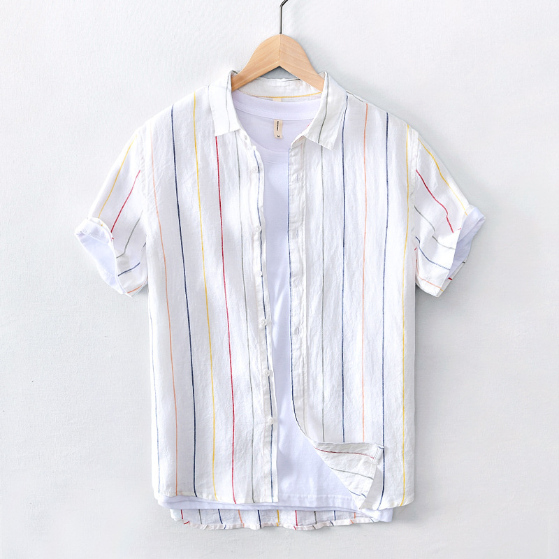 2020 new vertical stripes short sleeve casual shirt summer men's pure linen a generation of L546