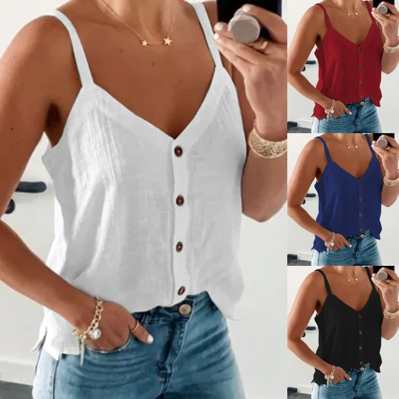 Spot! European and American Fashion New Sleeveless V-neck Solid Color Vest Summer Camisole Top