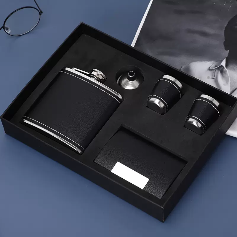 厂家批发不锈钢酒壶6盎司黑荔枝套装户外便携可批发定 制logo酒壶