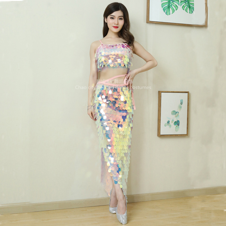 Adult New Oriental Dance Belly Dance Set Hip Scarf Fishtail Skirt Egg-Shaped Sequin Set Performance Costume