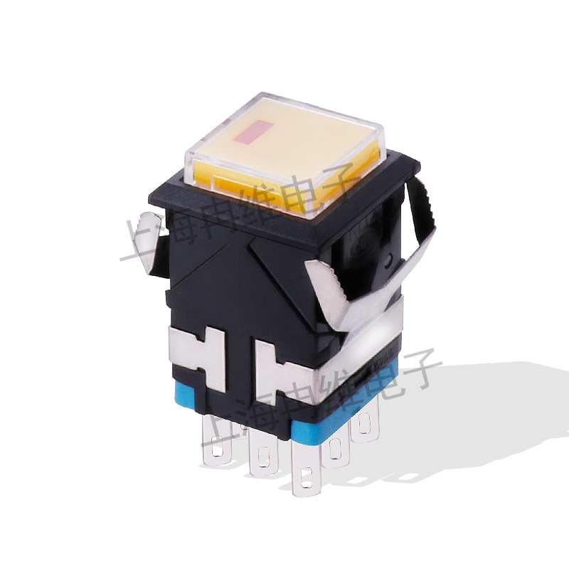 上开 上海永星方形按钮开关KD2-21L 自锁 黄色带灯 8脚 3A 250VAC