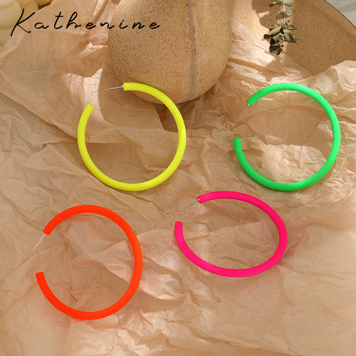 S925 Silver Needle No Piercing Earrings Ear Clip Women's Fluorescent Candy Color Bungee Exaggerated Hyunya Colorful Circle Women's Earrings