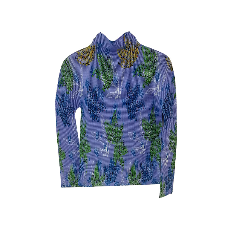 レディース長袖トップス 春夏新作 高伸縮性プリーツファッションプリントハイネックスリムTシャツ 三宅風インナーシャツ