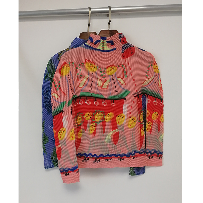 レディース長袖トップス 春夏新作 高伸縮性プリーツファッションプリントハイネックスリムTシャツ 三宅風インナーシャツ