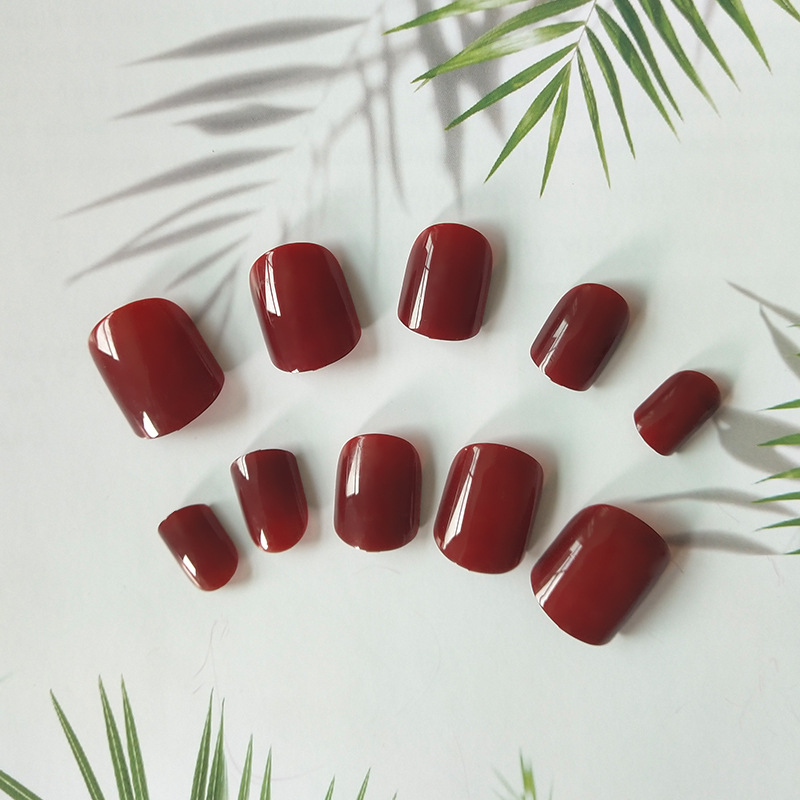 Juego de 24 uñas postizas elegantes, diseño de uñas en rojo vino cereza, pegatinas de uñas retro más vendidas en el extranjero image 4