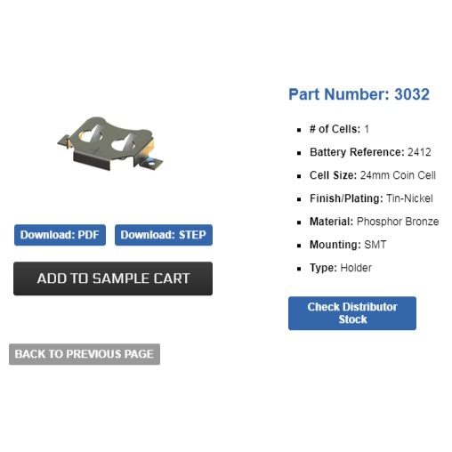 KEYSTONE ELECTRONICS 3032 电池片 BR2412 CR2412纽扣电池接触片