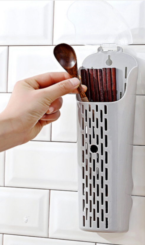 Wall-Mounted Chopstick Barrel Chopstick Cage Household Plastic with Lid Punch-Free Dust-Proof Spoon Chopstick Storage Rack Chopstick Box