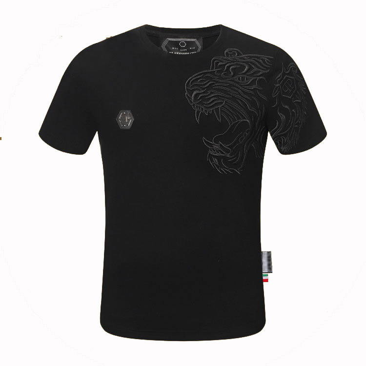 Europeo y americano PP moda marca Philip plann moda manga corta dragón exquisito bordado verano Camiseta cuello redondo Rhinestone