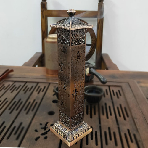 Handicraft ornaments, large red copper heart sutra column, imitation copper vertical incense burner, household decorative incense ornaments wholesale
