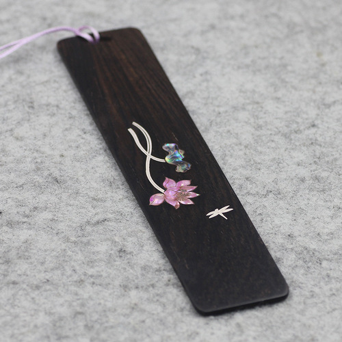 Black sandalwood inlaid with silver dragonfly bookmark purple sandalwood inlaid with colored shells Chinese style lotus plum blossom cultural and creative gift pendant