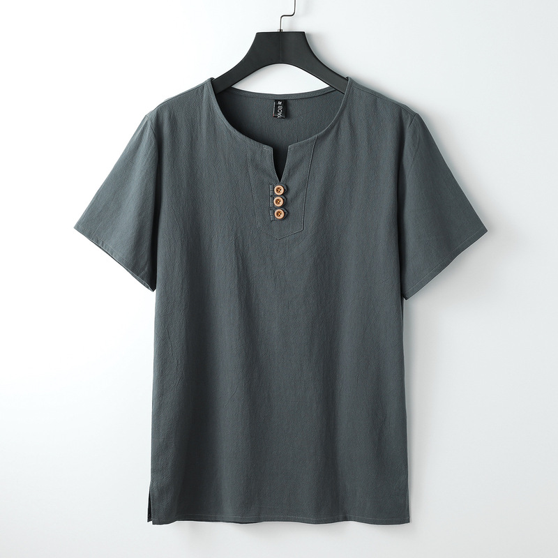 Linen T-Shirt Men's Short-Sleeved Summer Loose-Fitting Chinese-Style Cotton and Linen Half-Sleeved Trendy Chinese-Style Men's Clothing with Button-Up Tops for Men