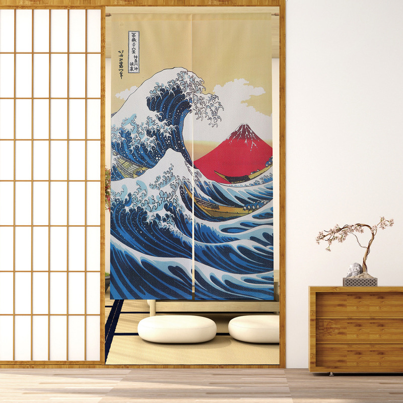 Door curtain Japanese fabric kitchen bathroom Kanagawa punching lengthened 1.5 m Punch-free telescopic rod simple use