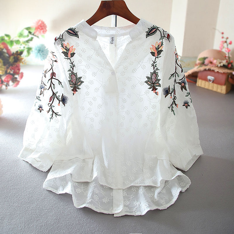 Summer Retro Ethnic Style Embroidered Lace Design Mid-Sleeve High-Waist Elegant Shirt Women's Top Agent