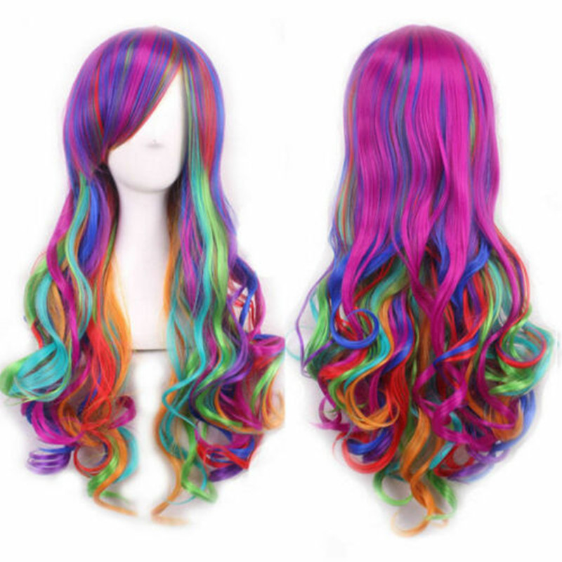 Foreign trade Europe and America seven color long curly hair rainbow wig animation wig stage party nightclub cosplay wig