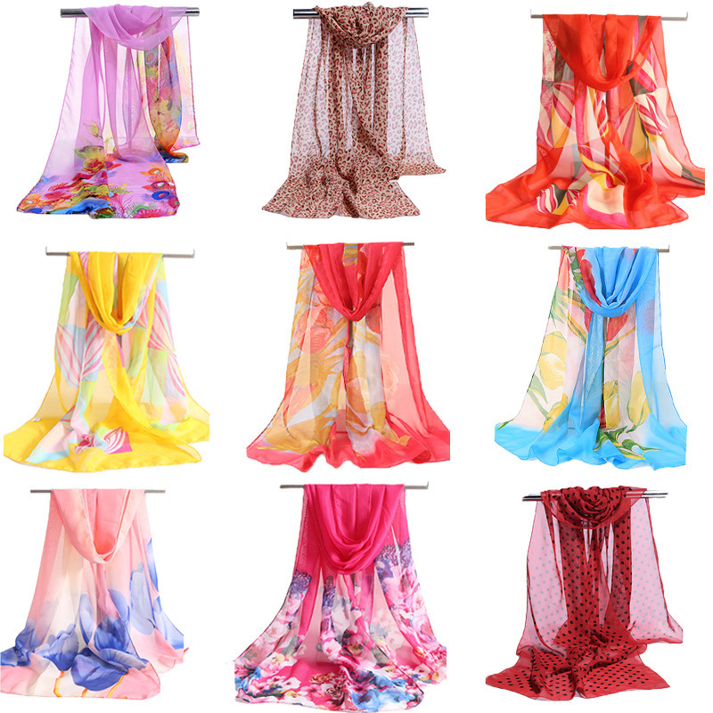 Silk scarf women spring and autumn sunscreen chiffon printed silk scarf long beach towel stall scarf wholesale gift scarf
