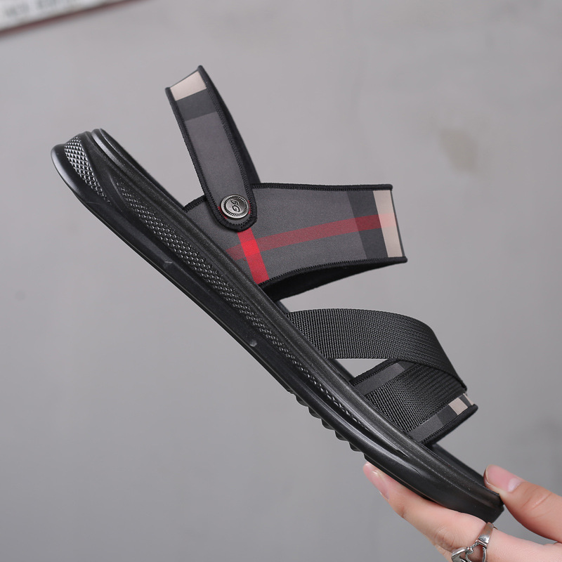 Sandalias transpirables de verano, zapatillas casuales para hombres, zapatos de playa de tela a cuadros con punta abierta, suela blanda de látex incorporada, zapatos cómodos para hombres