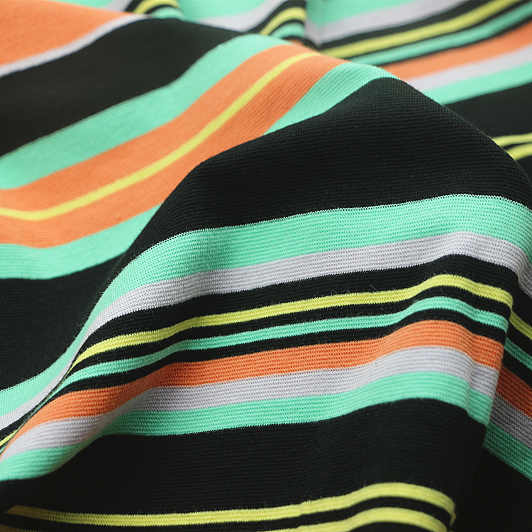 时尚女装T恤面料针织纬编棉氨纶弹力大循环色织彩条1x1螺纹罗纹布