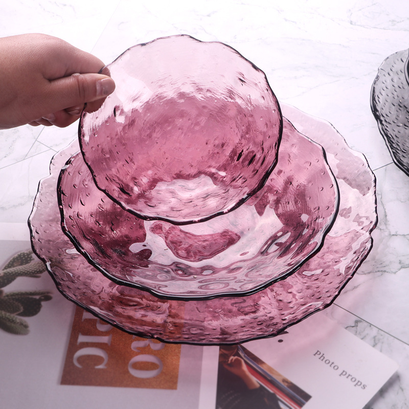 Hammer Pattern Japanese Style Irregular Raindrop Glass Plate Heat Resistant Household Soot Lotus Leaf Bowl Set Glass Tableware Supplies