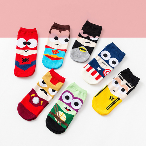 Spring and summer socks, superhero cartoon boat socks, low-cut men's trendy socks, cotton Superman Spider-Man men's socks