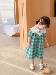 Girls' Checkered Dress Summer Style for Girls Doll Floral Collar Skirt 3-8 Years Old Children's Clothing One-Time Shipping