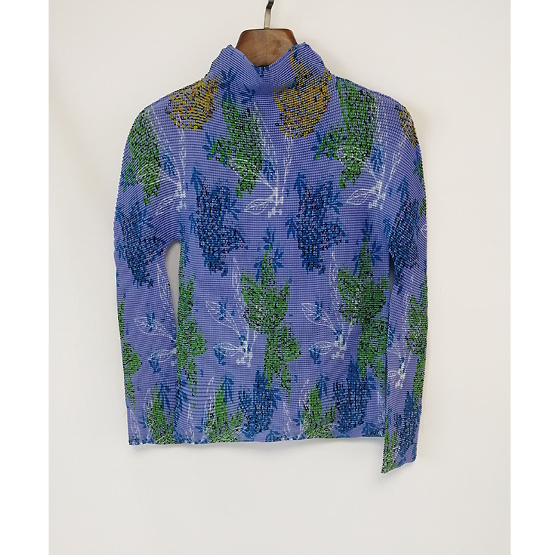 レディース長袖トップス 春夏新作 高伸縮性プリーツファッションプリントハイネックスリムTシャツ 三宅風インナーシャツ