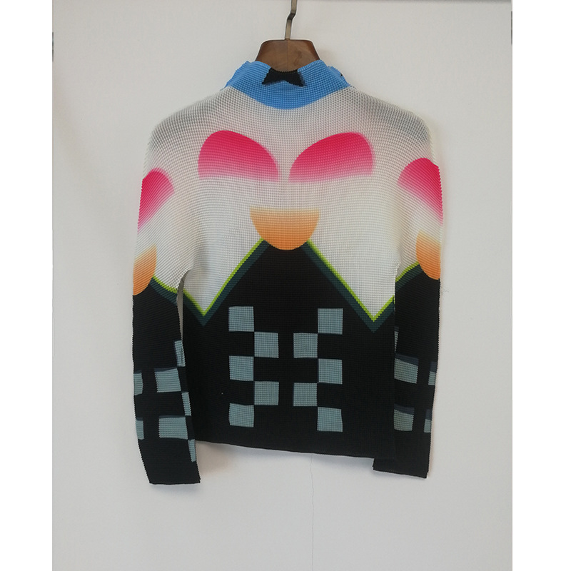 レディース長袖トップス 春夏新作 高伸縮性プリーツファッションプリントハイネックスリムTシャツ 三宅風インナーシャツ