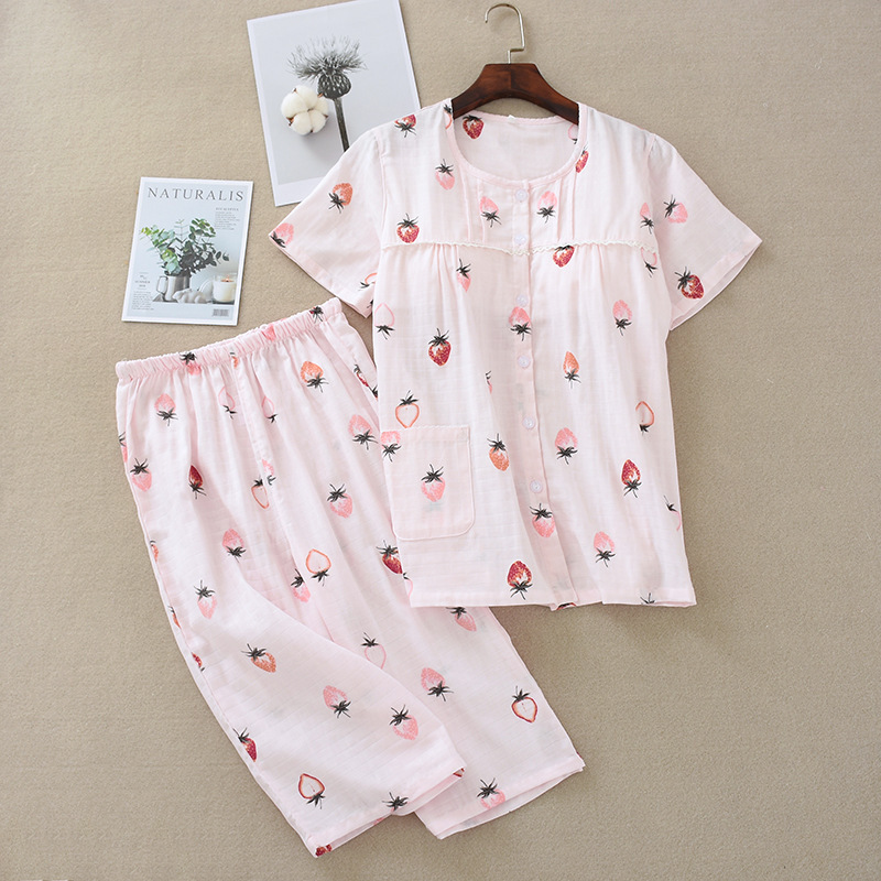 Women's Pure Cotton with Cup, Short-Sleeved Cropped Pants, Home Clothes, Cotton Double-Layer Gauze, Loose Large Size Living Clothes with Chest Pads