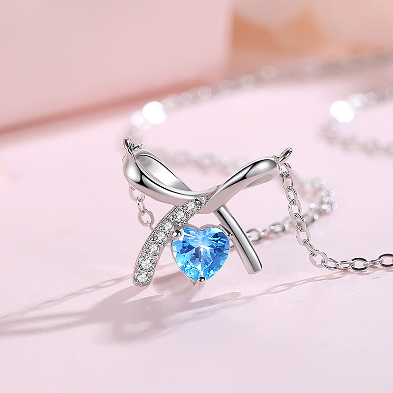 Estilo coreano S925 plata esterlina arco collar en forma de corazón de las mujeres de diamantes incrustados de alta calidad de moda red roja elegante cadena de clavícula simple