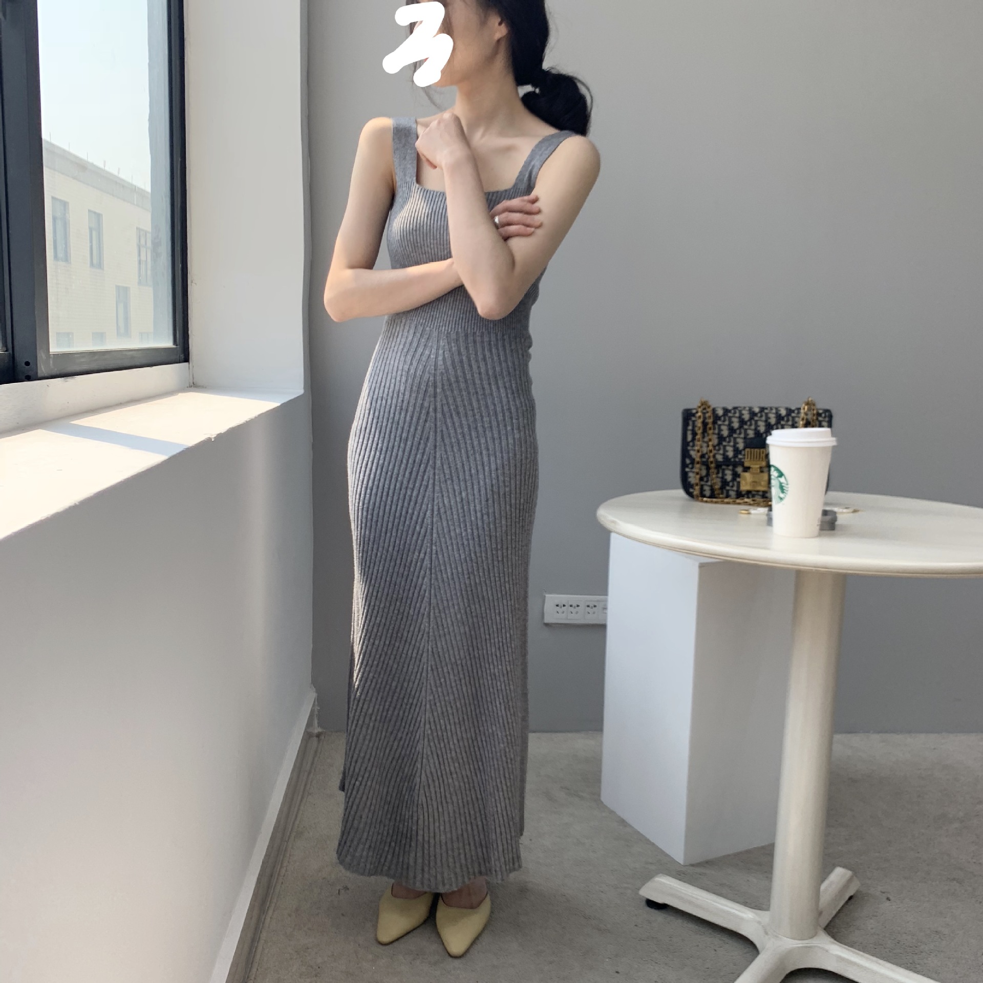 嘉織無地キャミソール風マタニティワンピースニットスクエアネックゆったりセクシー秋冬セーターロングワンピースB8002