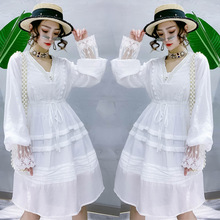 9289雪纺连衣裙女2024春夏新款时尚韩版中长款白色超仙蕾丝A字裙