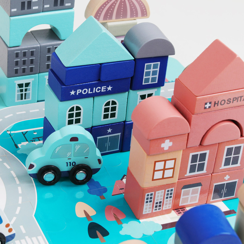 Qiaozhimu City Building Block Baby 1-2 años Puzzle Iluminación Niños 3-6 años Niños y niñas Juguetes de ensamblaje de madera