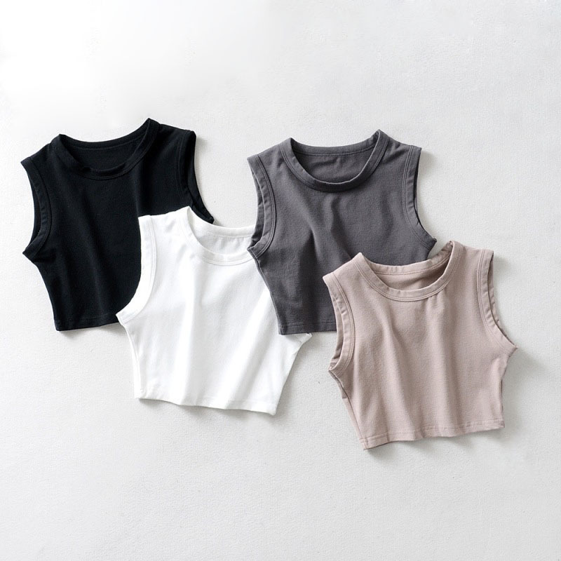 2024 New Summer Women's European and American Tops Export Cycling Vests Cotton Pure Color Wide-Brimmed Short Navel-Baring Vests