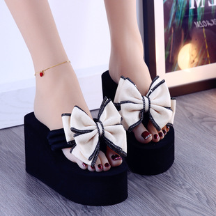 2020 New Style Slippers Women's Summer Outer Wear Slippers Beach Anti-slip Shoes Mid-heel Thick Sole Daily Bow Sandals