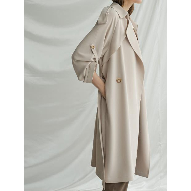 in stock factory wholesale spring and summer silky drape feeling small thin khaki long knee trench coat women's spring